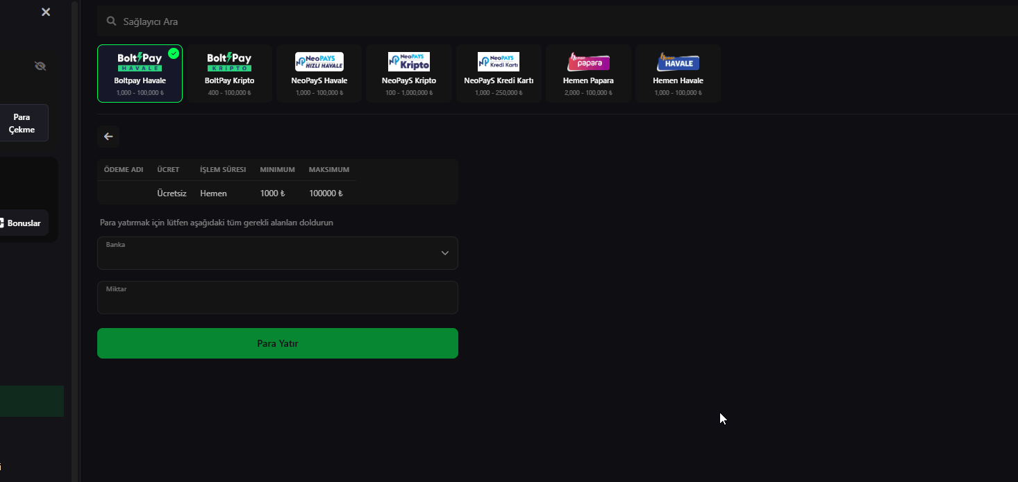 Megaşans para yatırma panelindeki Boltpay, Kripto ve Papara ödeme yöntemlerinin güncel minimum ve maksimum limit ekranı